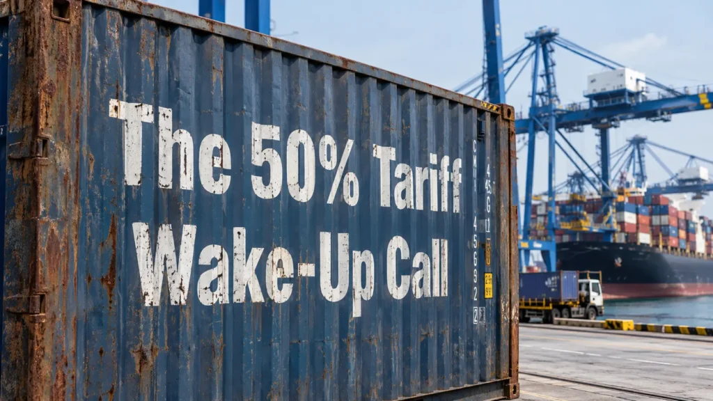 A gritty visual representing the 50% tariff wake-up call for Canadian B2B supply chains diversifying away from US trade dependency.